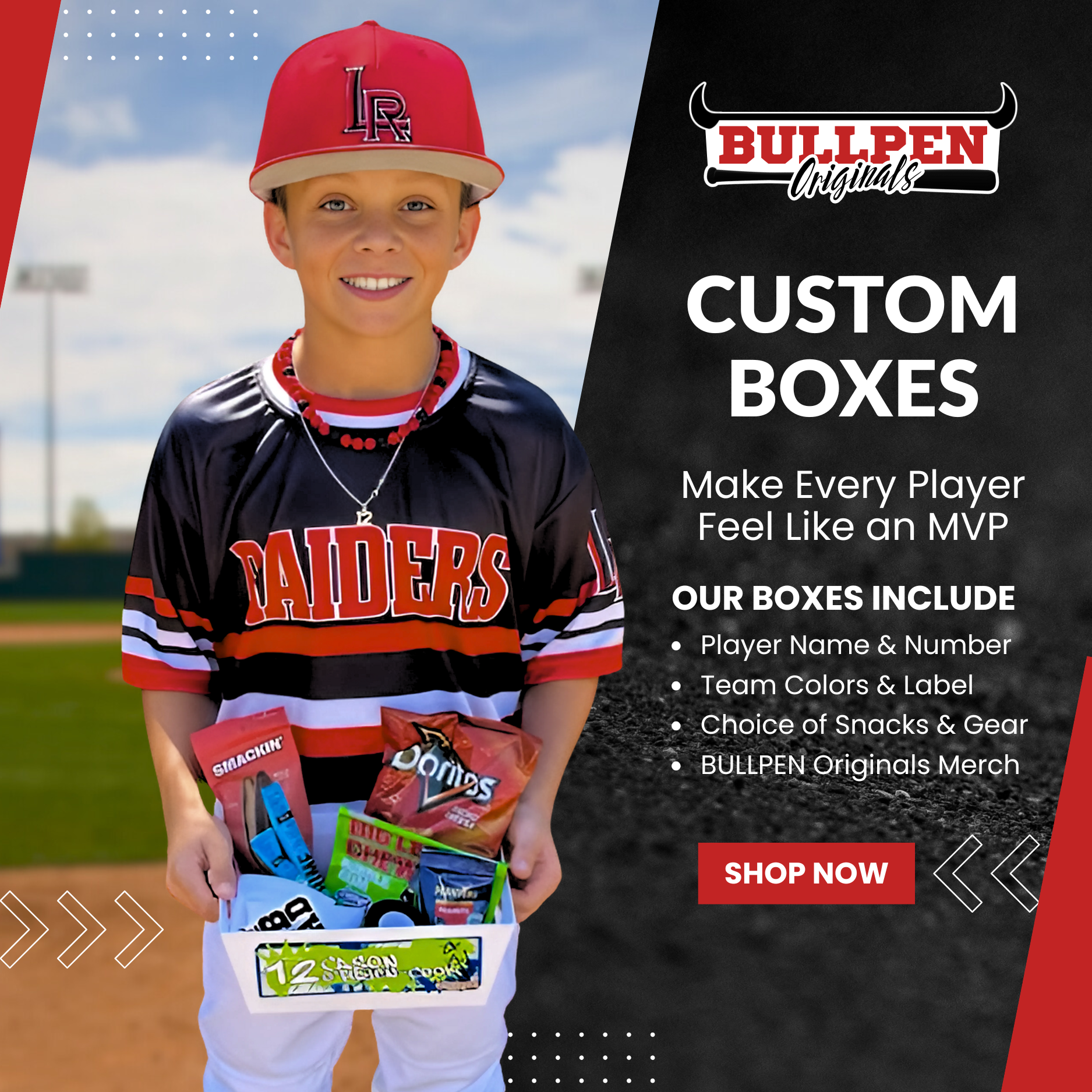 Custom Player Box Ad - Player holding out gift box with contents displayed.
