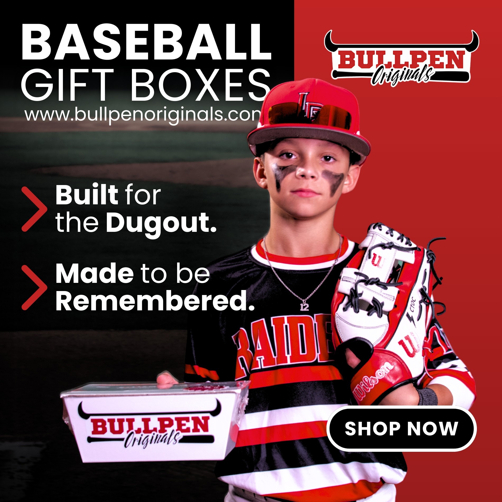 Cason O'Brien-Cook Ad Custom Player Box Ad - Player holding out gift box with contents displayed.
